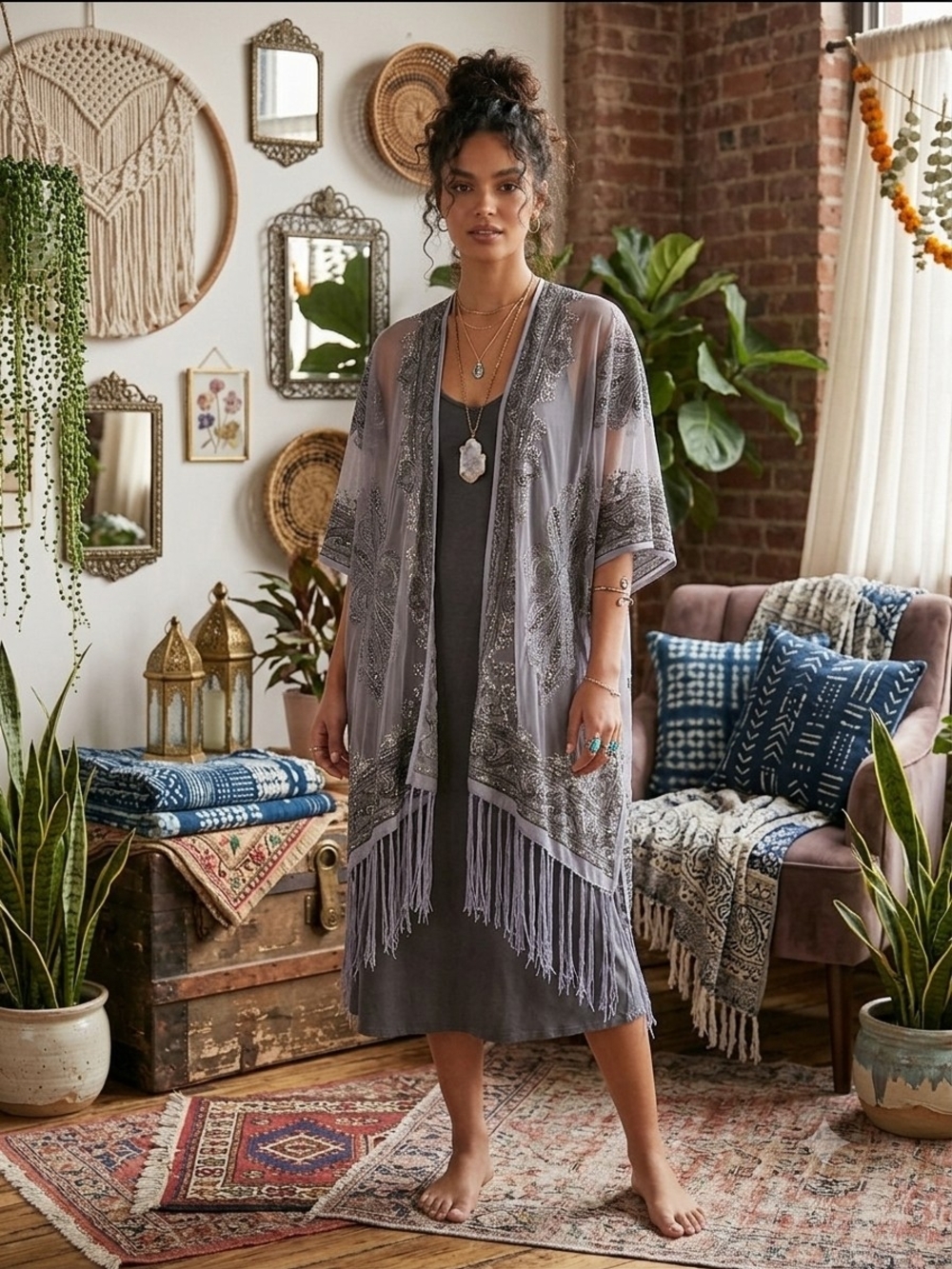 David and Young Sheer Paisley Fringe Kimono